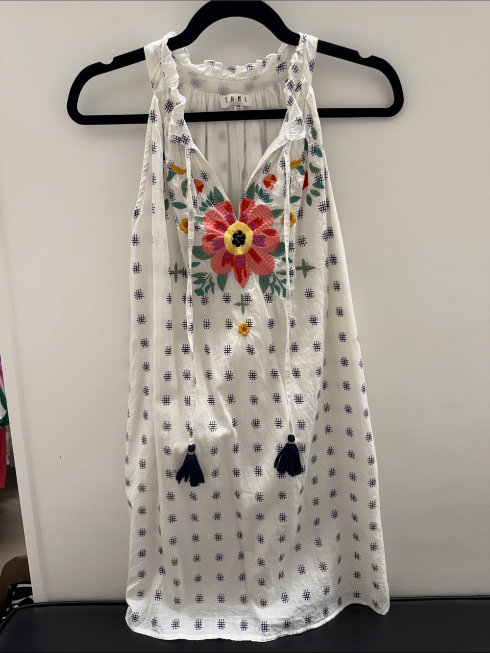 THML White Mini Dress with Multicolor Floral Embroidery